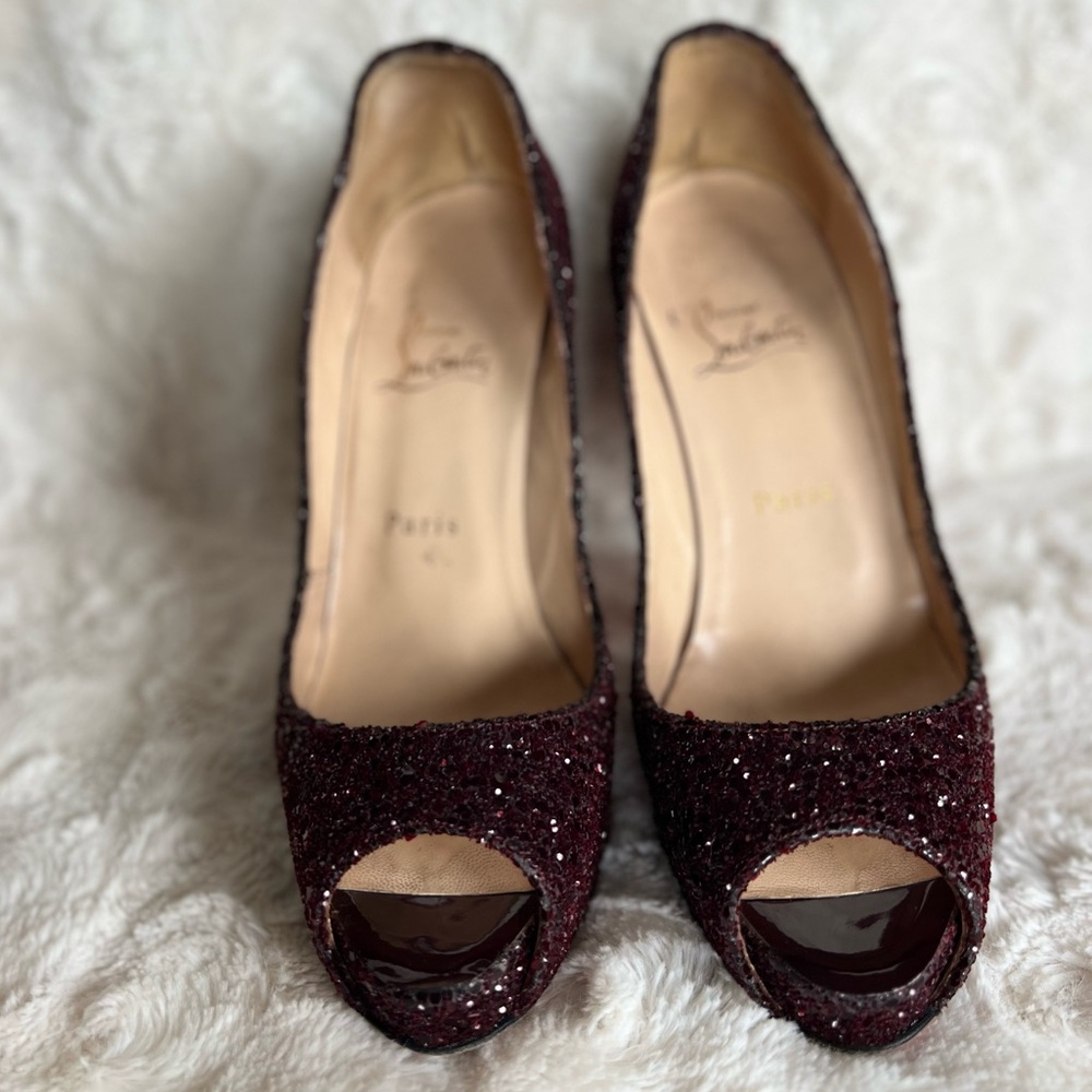 Christian Louboutin Very Prive 120 Burgundy Glitter Peep Toe Heels Size 38 US 8 - Picture 5 of 17